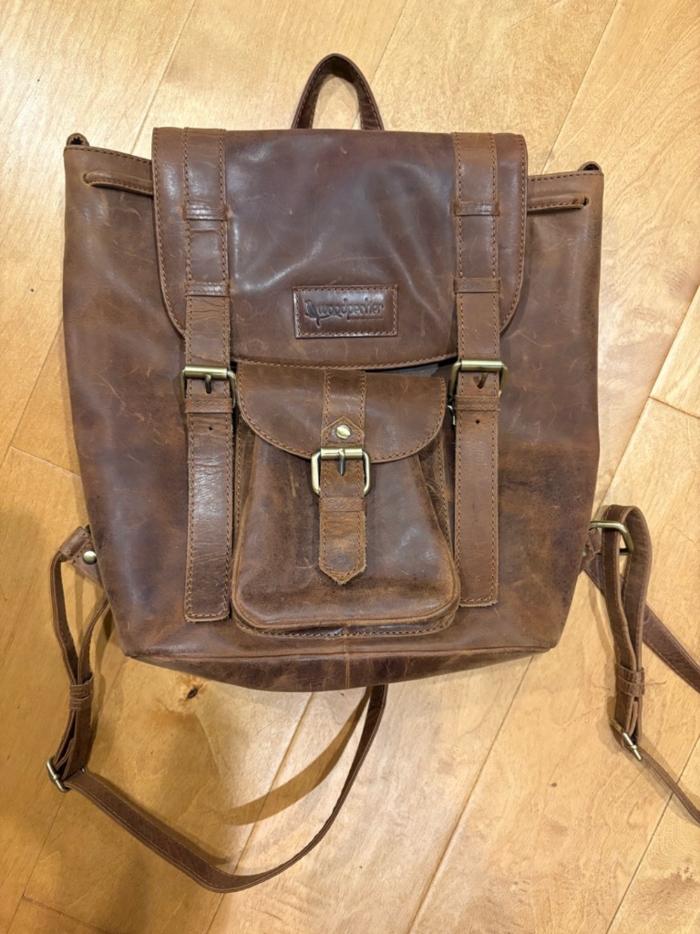 Woodpecker distressed leather finish backpack brown unisex academia